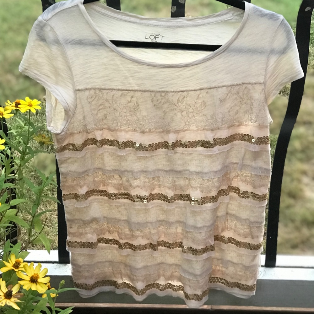LOFT Champagne Pink Beige Nude SPARKLE Gold Sequin/Lace/Mesh Striped Tee